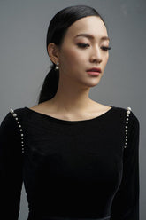 Velvet boat neck midi dress with pearl shoulder detail and tailored waist silhouette